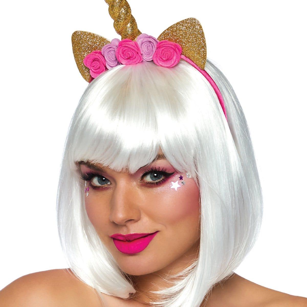 Buy Costume Accessories Pink & gold unicorn headband with flowers for adults sold at Party Expert